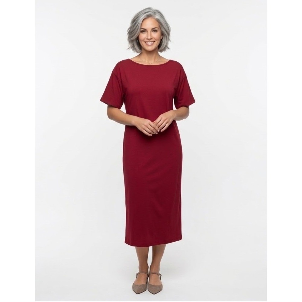 Eileen Fisher Knit Midi Dress 1X Red Viscose Blend Short Sleeve Lagenlook Luxury
